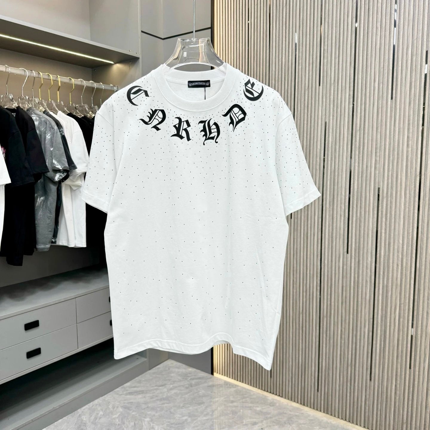 Chrome Hearts T-shirt Engraved with Lettering Film and Fully Adorned with Diamonds logo round Neck Short Sleeve25ss New Pure Cotton Unisex Style T Casual T-Shirt Base Layer Shirt OS Loose Fit Half Sleeve Top Plus Size