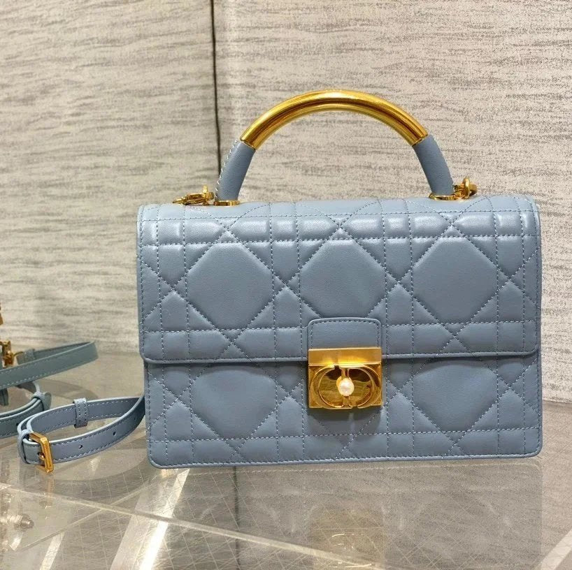 Dior Women's Bag Top version 【Original Leather Premium Quality】2024Latest Ange Chain Bag Signature Oversized Rattan Plaid,Metal Handle Bag Handbag Pearl Chain Bag Ange Handbag Chain Women's Bag