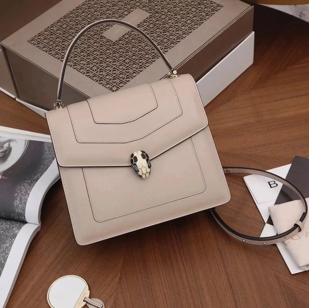BVLGARI Bag Top version SerpentiForever Milk Tea Handbag Cowhide Bag Decorated with a Snake's Head File Holder Chain Bag Portable Shoulder Messenger Bag Women's Bag