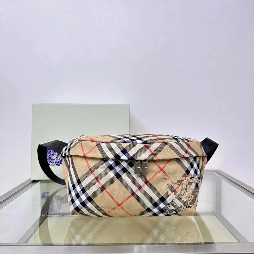 Burberry Men's Bag Top version 【】The Most New Waist Bag Bur Exclusive Plaid Equestrian Knight Messenger Bag Chest Bag Waist Bag Men's Bag