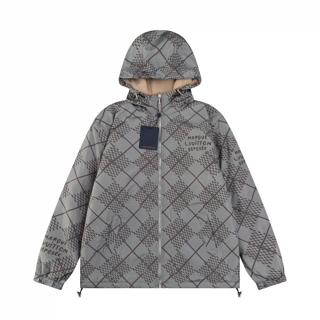 Louis Vuitton LV Jackets Dog Series Damierargyle Diamond Plaid Pattern Reversible Lamb Wool Trench Coat Cotton Jacket Unisex Winter Warm Sports Casual Loose Fit Versatile Coat