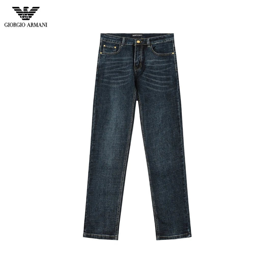 Armani Jeans Back Waist Leather Tag logo Straight Washed Blue Jeans Autumn Winter New Unisex Loose Casual Wide Leg High Waist Pants