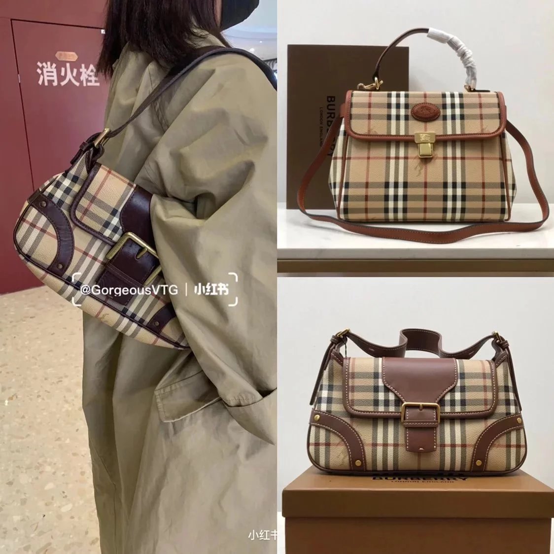 Burberry Women's Bag Top version 【】Classic Mid-Ancient Vintage Plaid Briefcase Vintage Messenger Bag Women's Handbag War Horse Underarm Bag vintage Hatchet Man Material Underarm Bag