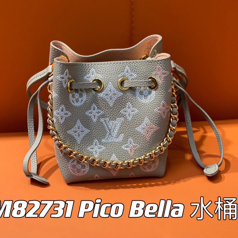 Louis Vuitton LV Women's Bag Top version 【Counter Version Original Leather】M82731Light Gray Full Leather Mini Bucket Bag Series PicoBella Bucket Bag Gray/Gradient(Hollow out)Shoulder Bag Underarm Bag Handbag Women's Bag