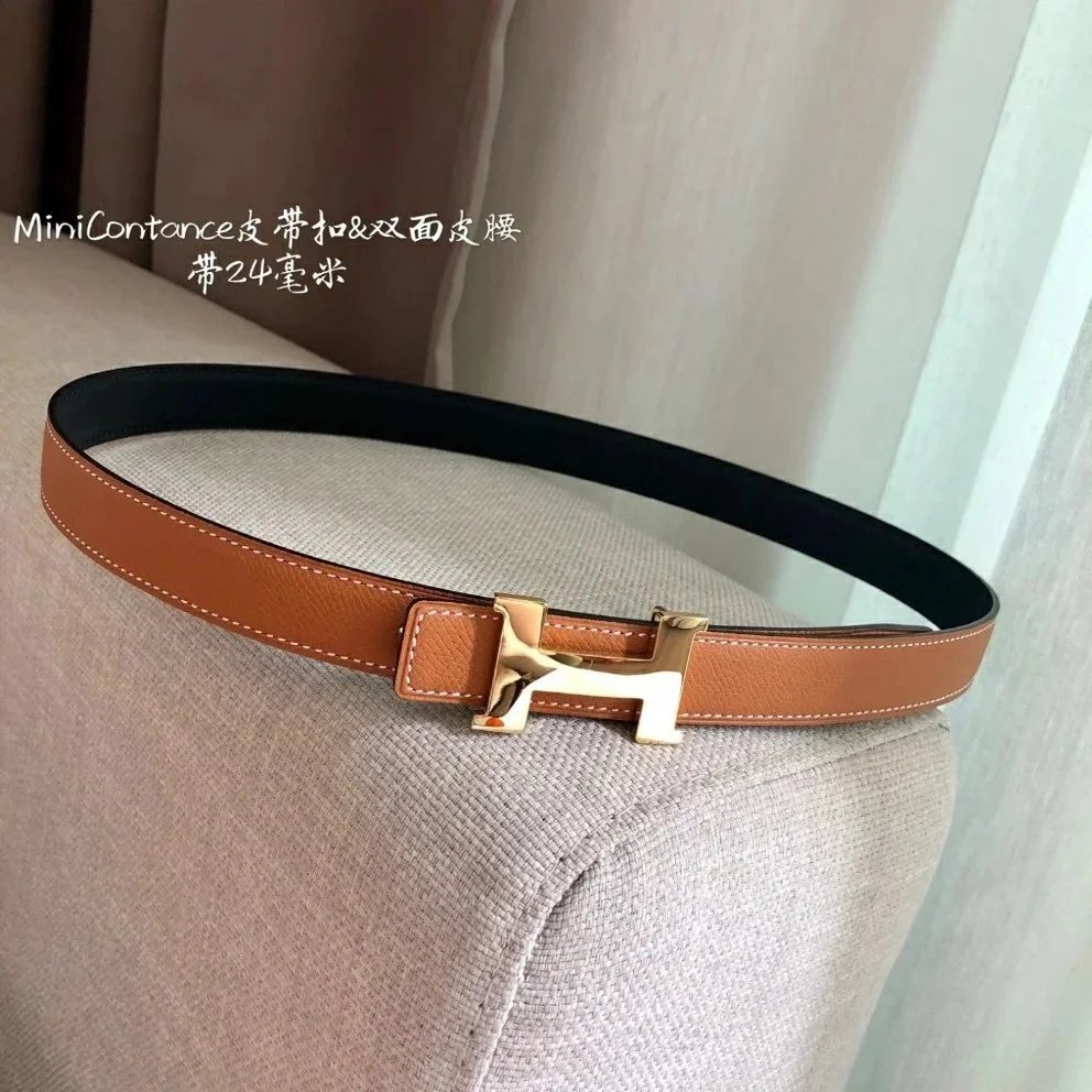 Hermes Belt Top version High Quality Women's Belt First Layer Calfskin Double-Sided Letters h Buckle Casual All-Match Belt2.4cm