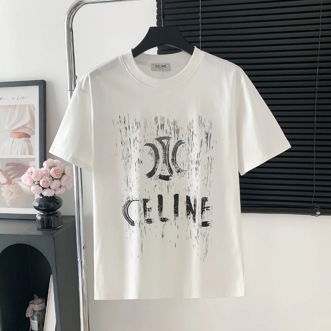 Celine T-shirt Chest logo Letter Printed round Neck Short Sleeve25ss New Pure Cotton Unisex Style T Casual T-Shirt Base Layer Shirt OS Loose Fit Half Sleeve Top Plus Size