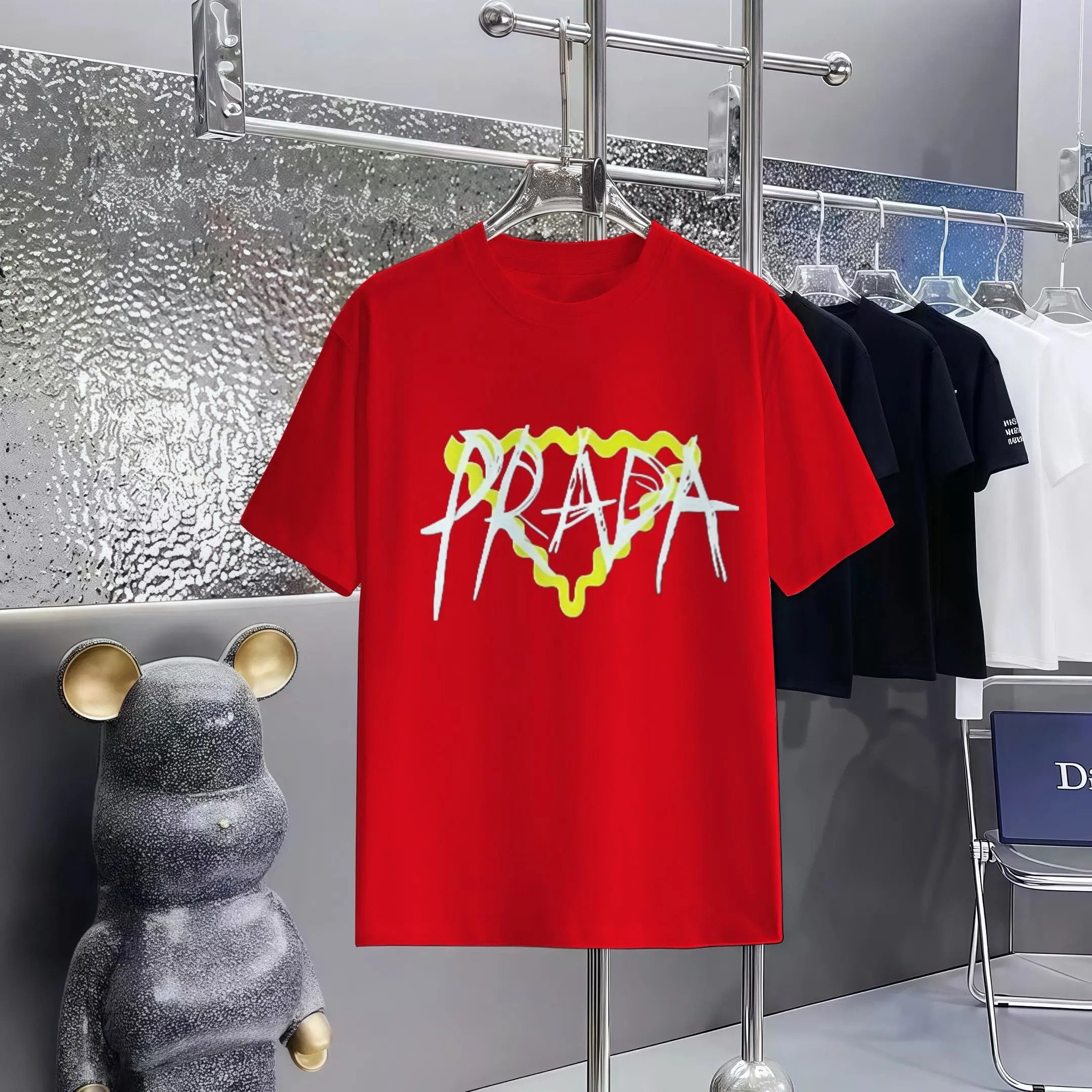 PRADA T-shirt Front Chest Wave Triangle Print logo round Neck Short Sleeve25ss New pure cotton T Unisex T-Shirt OS Drop Shoulder Loose Fit Base Shirt Top T-Shirt Short Sleeve