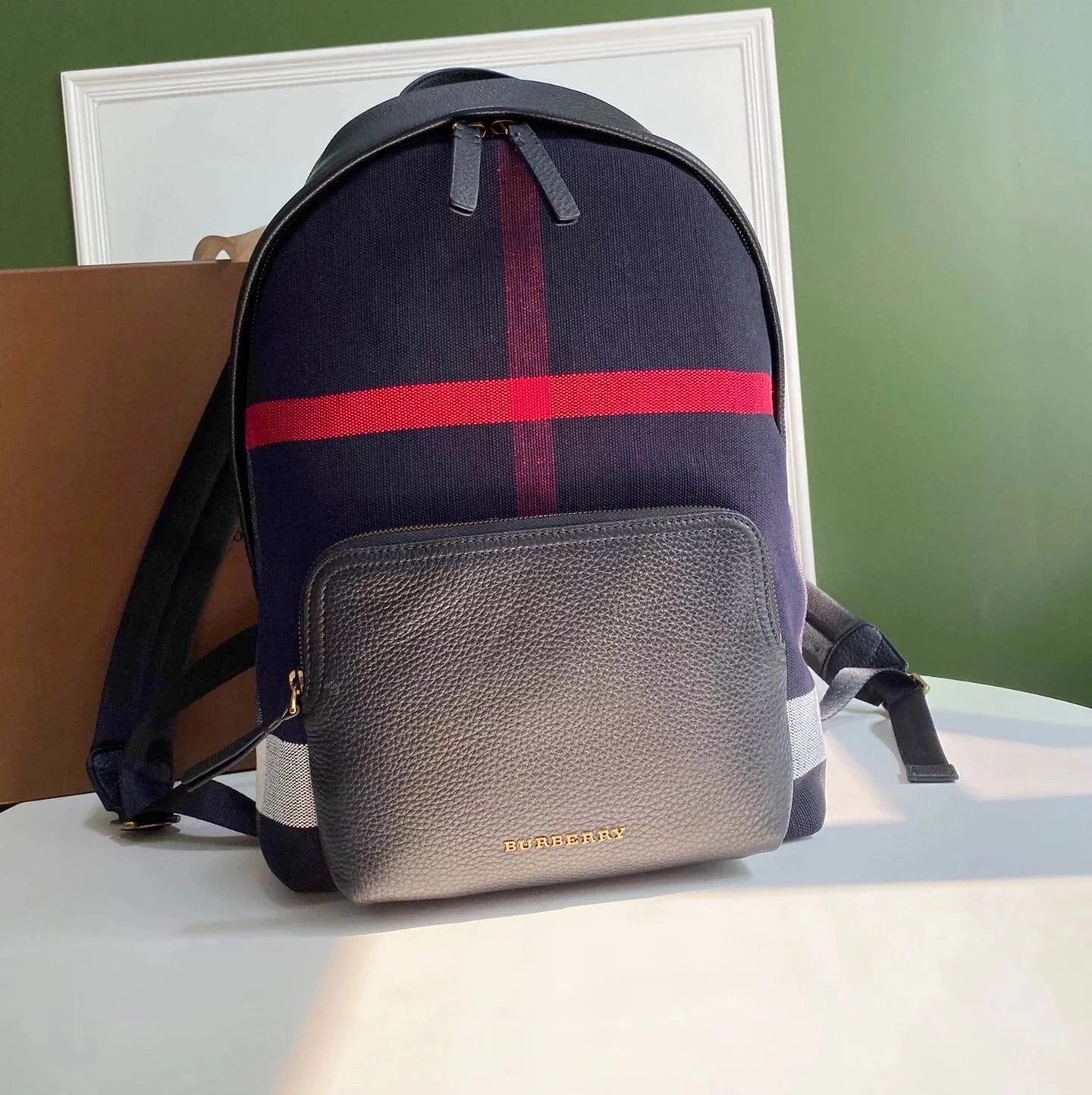 Burberry backpack Top version Original New Product Canvas Plaid Backpack Cowhide Stitching Canvas Backpack Classic Schoolbag Travel Bag Handbag
