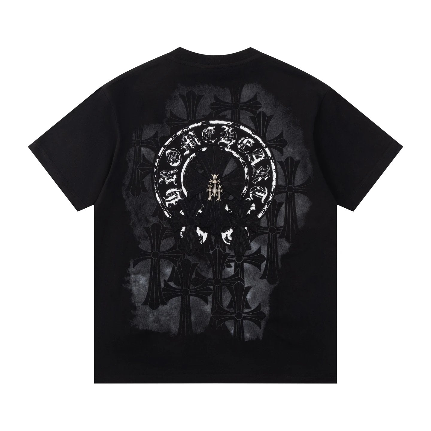 Chrome Hearts T-shirt Back Horse Hoof Sanskrit Patch with Dirty Print logo round Neck Short Sleeve25ss New Pure Cotton Unisex Style T Casual T-Shirt Base Layer Shirt OS Loose Fit Half Sleeve Top Plus Size