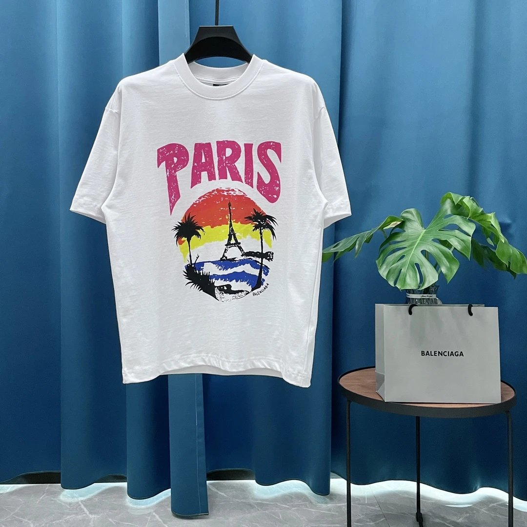 Balenciaga T-shirt Coconut Tree on Chest logo Printed Letter Embroidery Round Neck Short Sleeve25ss New Pure Cotton Unisex Style T T-shirt Base Shirt Tee Shirt OS Loose design