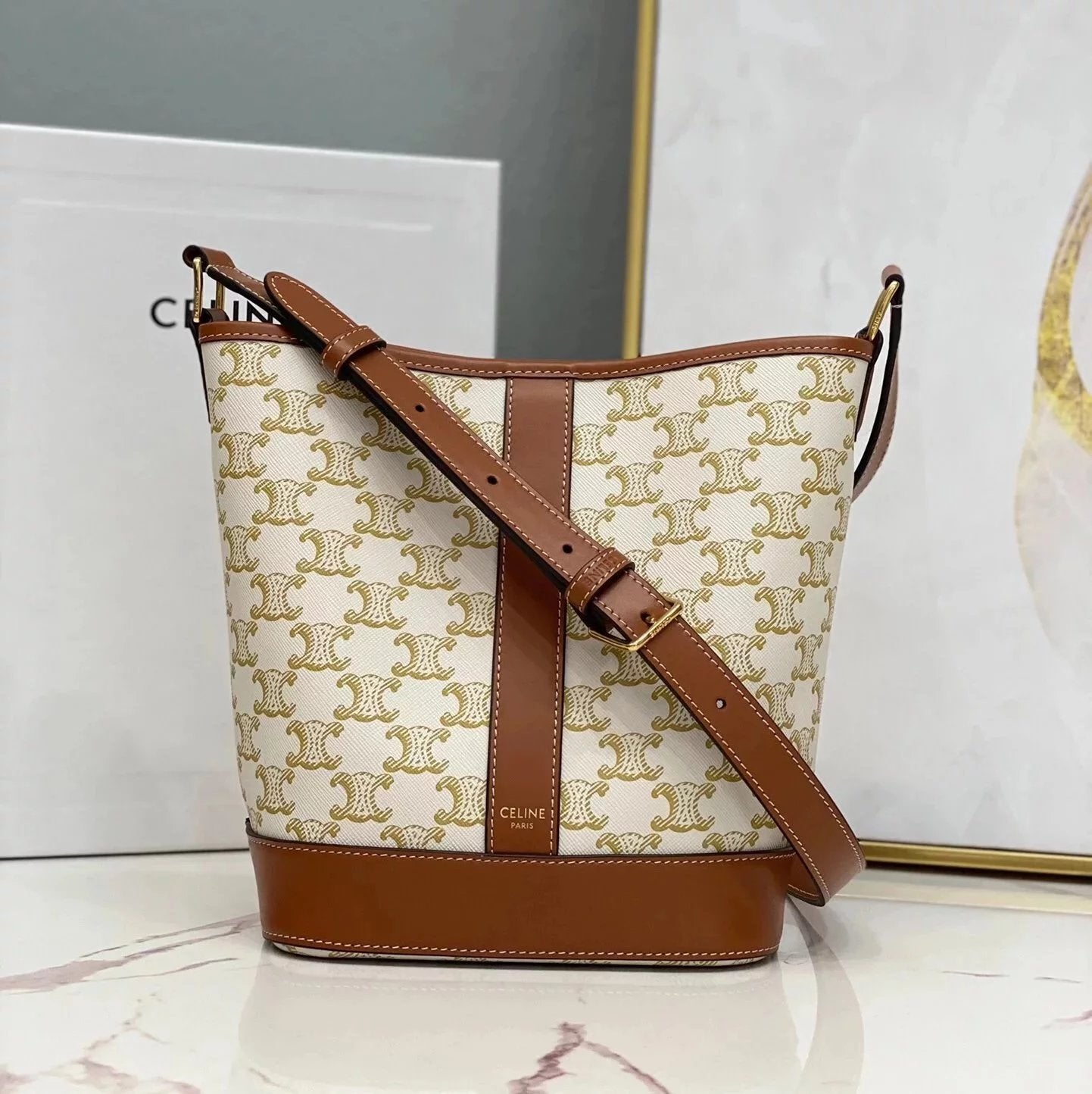 Celine women's bag Top version Home TriompheCanvas Arc De Triomphe Series Bucket Bag Vintage Presbyopic Bucket Bag canvas Bucket Bag Shoulder Crossbody Women's Bag Adjustable Shoulder Strap191442192132New Size Mini Version Retro Patterns100433