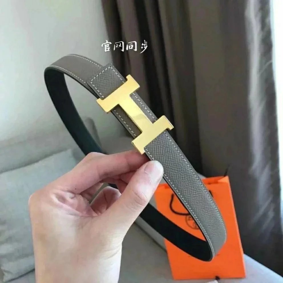 Hermes Belt Top version High Quality Women's Belt First Layer Calfskin Double-Sided Letters h Buckle Casual All-Match Belt2.4cm