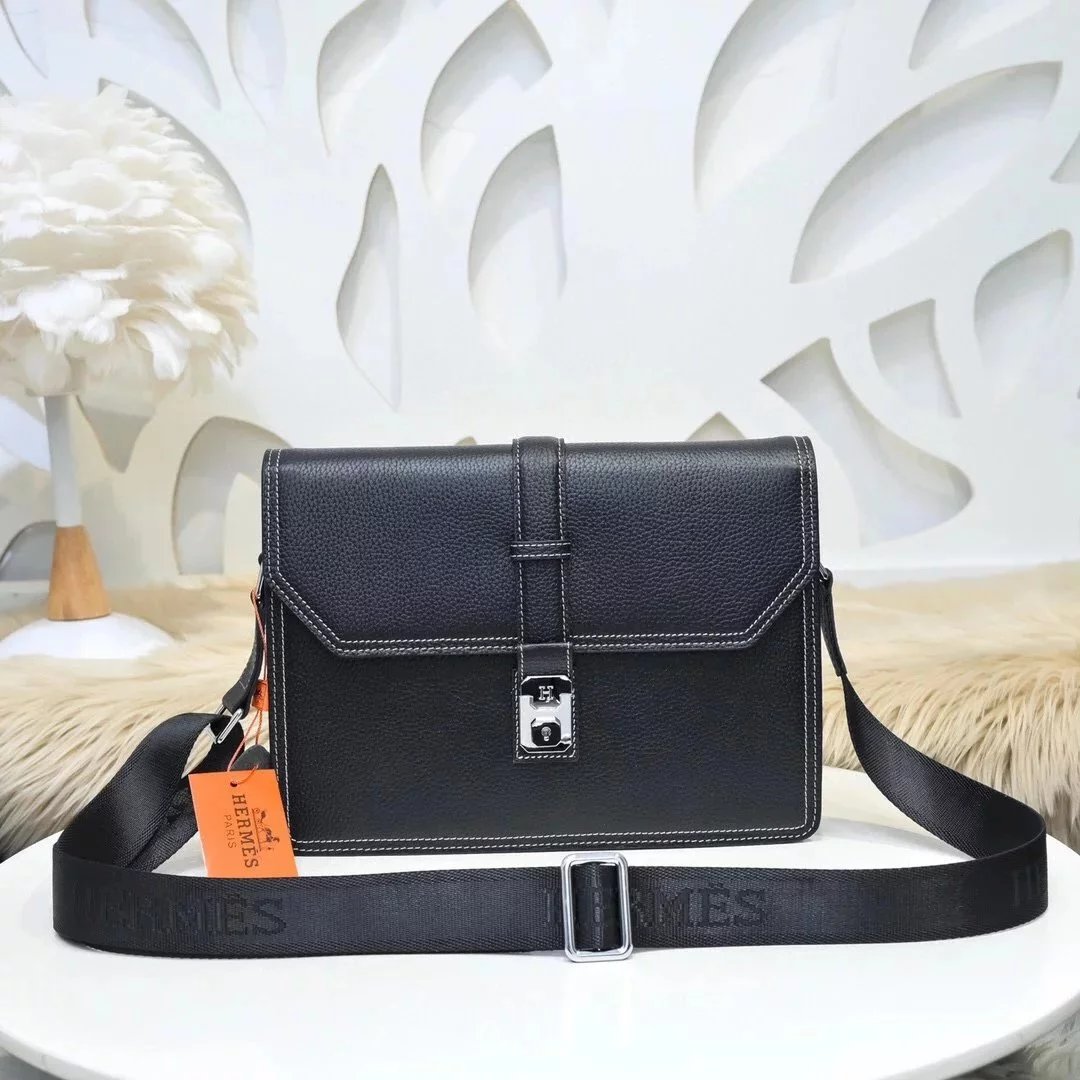 Hermes men's bag Top version Genuine Goods Grade New Classic Men's Fashion Crossbody Bag Men's Casual Shoulder Bag Men's Bag First Layer Cowhide Handbag Khaki Full Leather Black Canvas Handmade Big Bag