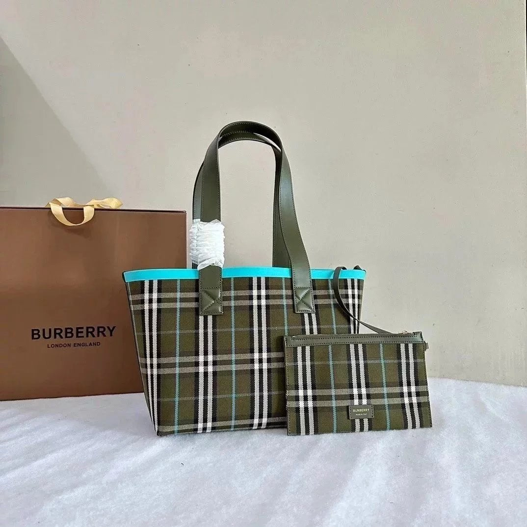 Burberry Women's Bag Top version 【Version Surrogate Shopping Babaojia Tote Bag420503】24New Plaid Cotton Canvas Tote Shopping Bag Mother Bag Coin Purse Vegetable Basket Bag Portable Mummy Bag Large Capacity Shopping Bag Handbag Backpack New Women's Bag