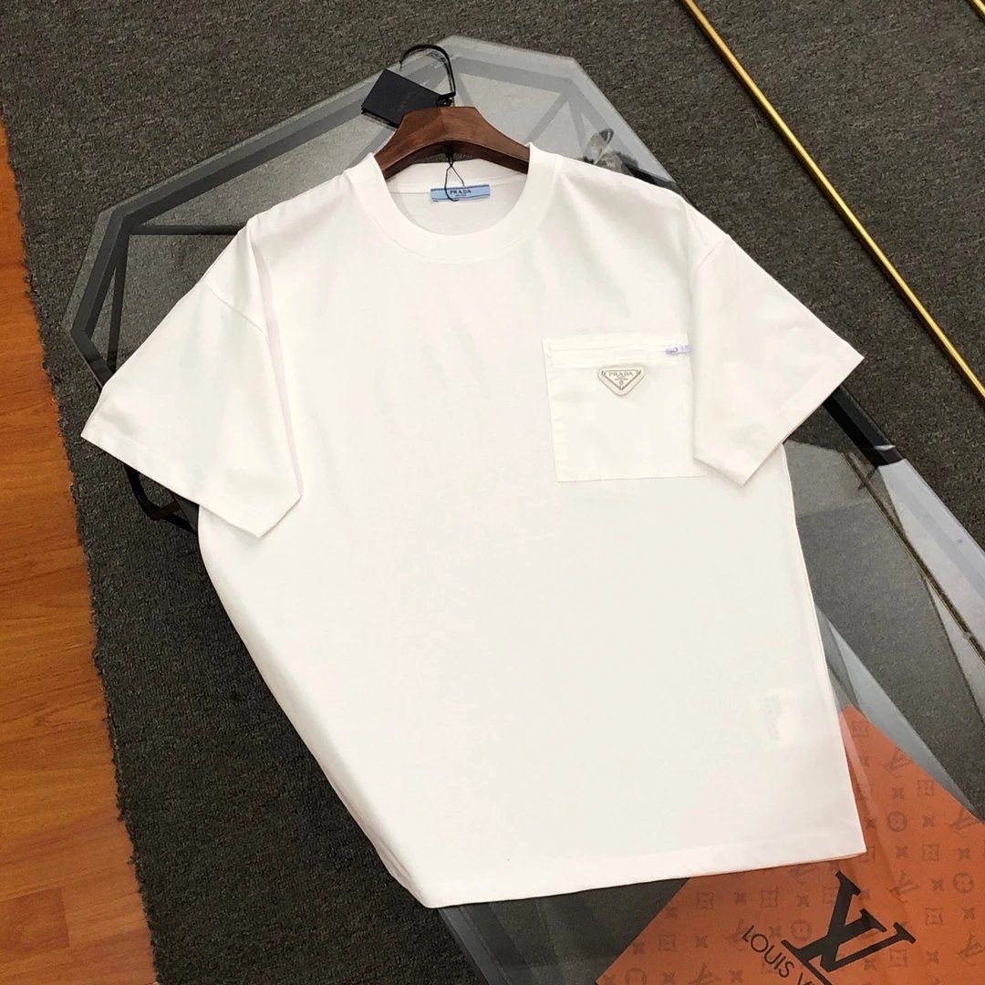 PRADA T-shirt 2025New Classic Iron Standard logo Pocket Crew Neck Short Sleeve Pure Cotton T T-shirt ins Unisex Simple Summer New Casual Base Shirt T-Shirt