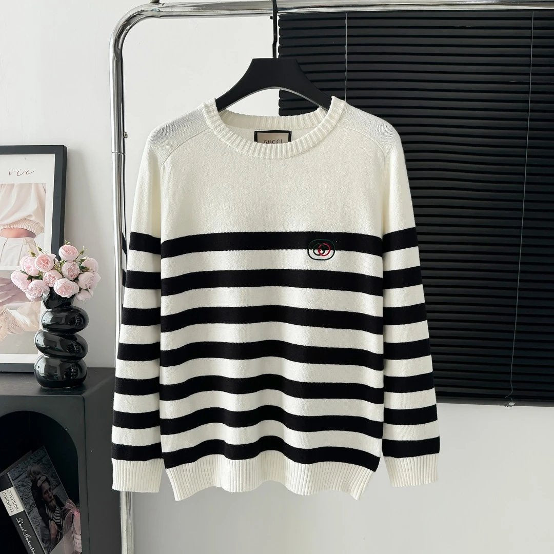 Gucci Sweater Black and White Striped Crew Neck Sweater25ss Spring New Thickened Long Sleeve Pullover Unisex OS Loose Fit Top Versatile Casual Jacket Lazy Style