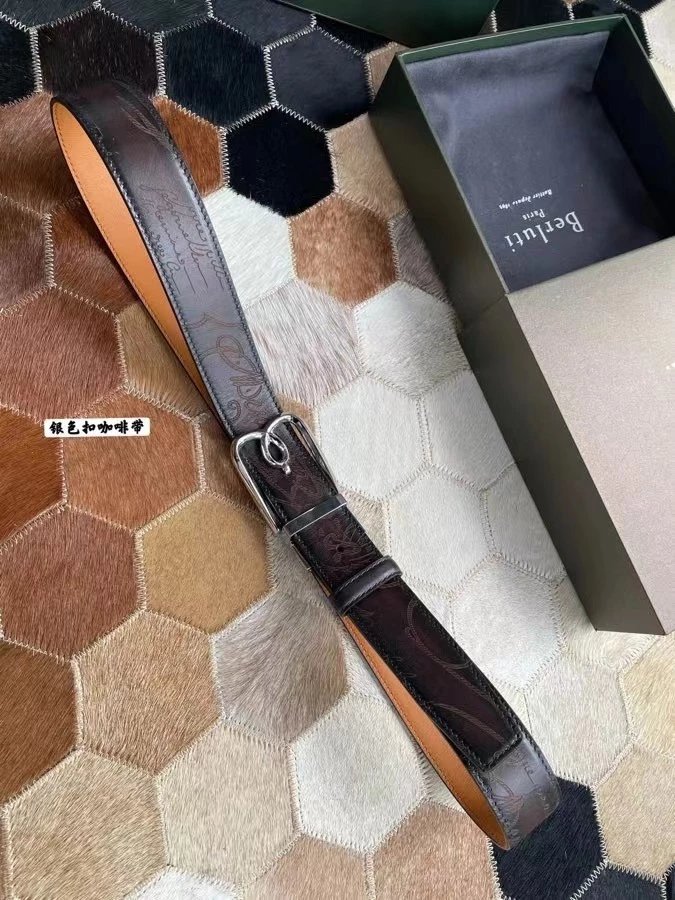 Berluti Belt Top version Original Single Men's New High-End Double-Sided Belt Waist Belt Pure Steel Rotating Pin Buckle Buckle Double-Sided Two-Color Totem Carving Carved Genuine Leather35mm Full Package Belt Men