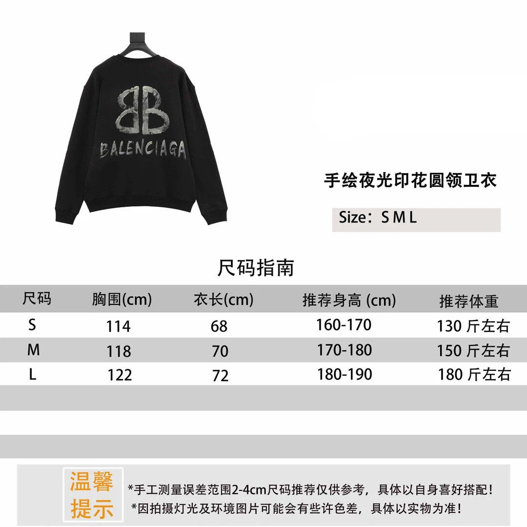 Balenciaga Hoodie Hand Painted Luminous Printed Crew Neck Sweatshirt Men and Women Same Style