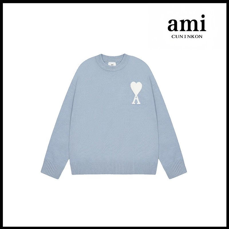 Ami Sweater Knitwear Classic round Neck Big Heart Jacquard Pullover Sweater Loose and Idle Sense Casual Couple Outfit-CY