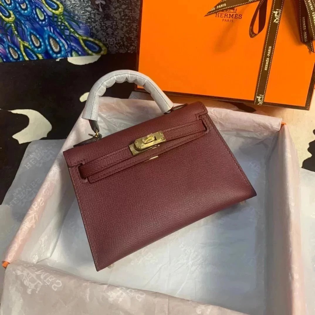 Hermes women's bag Top version New Women's Bag Minikellyll Kelly Bag Second Generation Epsom Leather Handmade Wax Line19cm