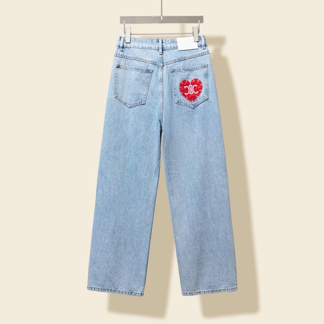 Celine Jeans Red Heart Embroidered Denim Pants for Women Versatile Casual