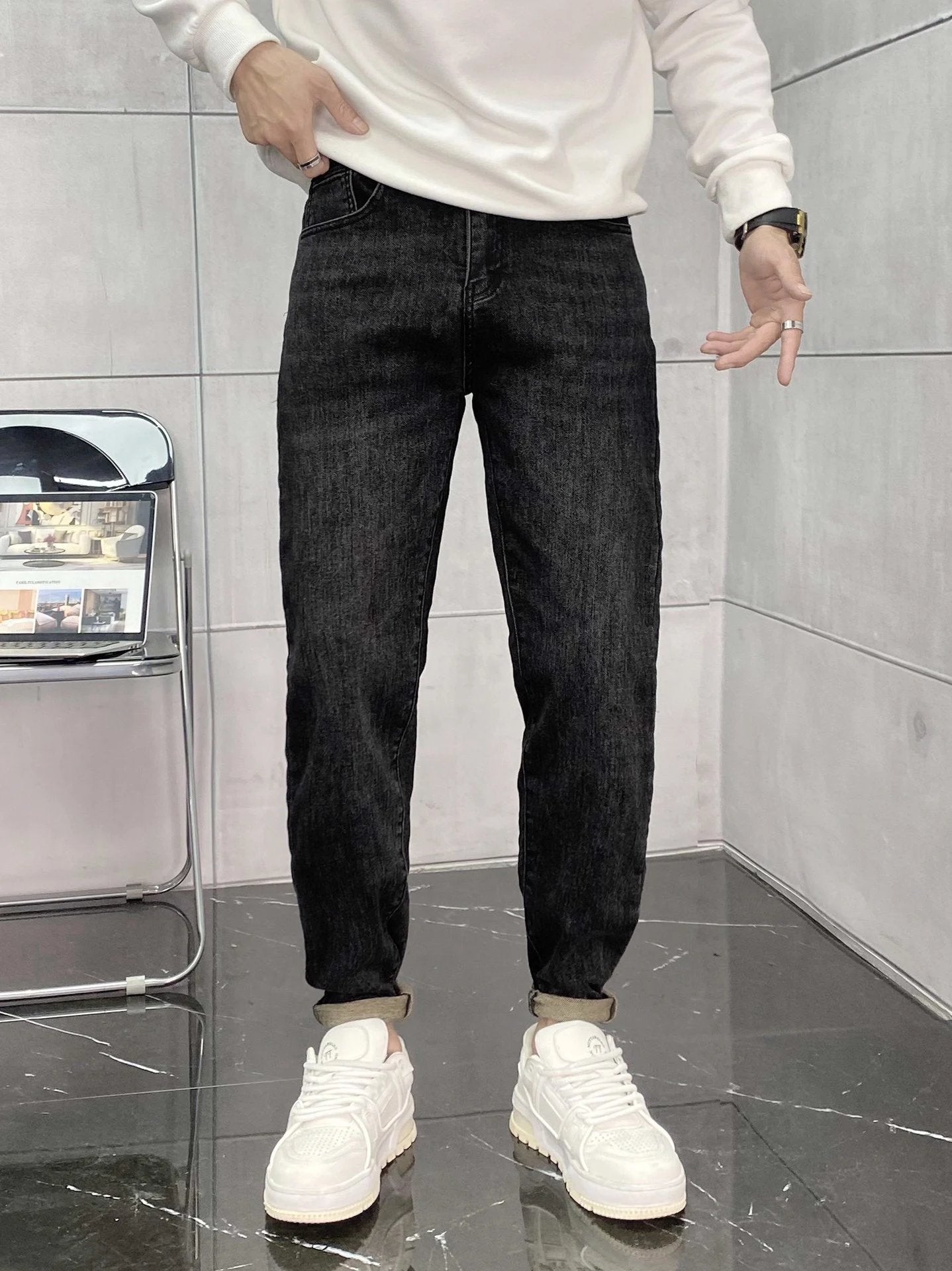 Balenciaga Jeans Double B Back Waist Leather Tag logo Straight Washed Blue Jeans Autumn Winter New Unisex Loose Casual Wide Leg High Waist Pants