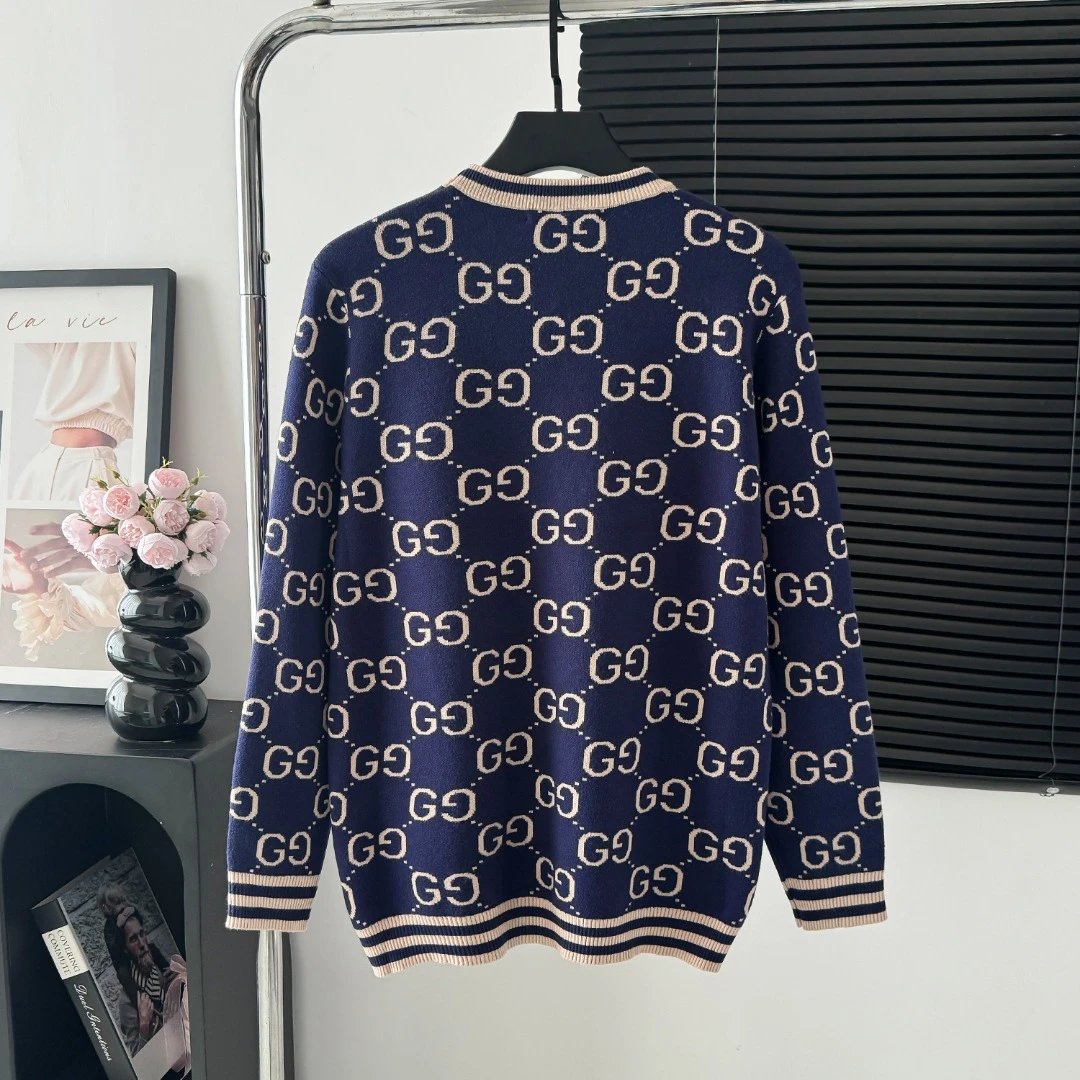 Gucci Sweater Full Print LOGO Color Block Striped Crew Neck Sweater25ss Spring New Thickened Long Sleeve Pullover Unisex OS Loose Fit Top Versatile Casual Jacket Lazy Style