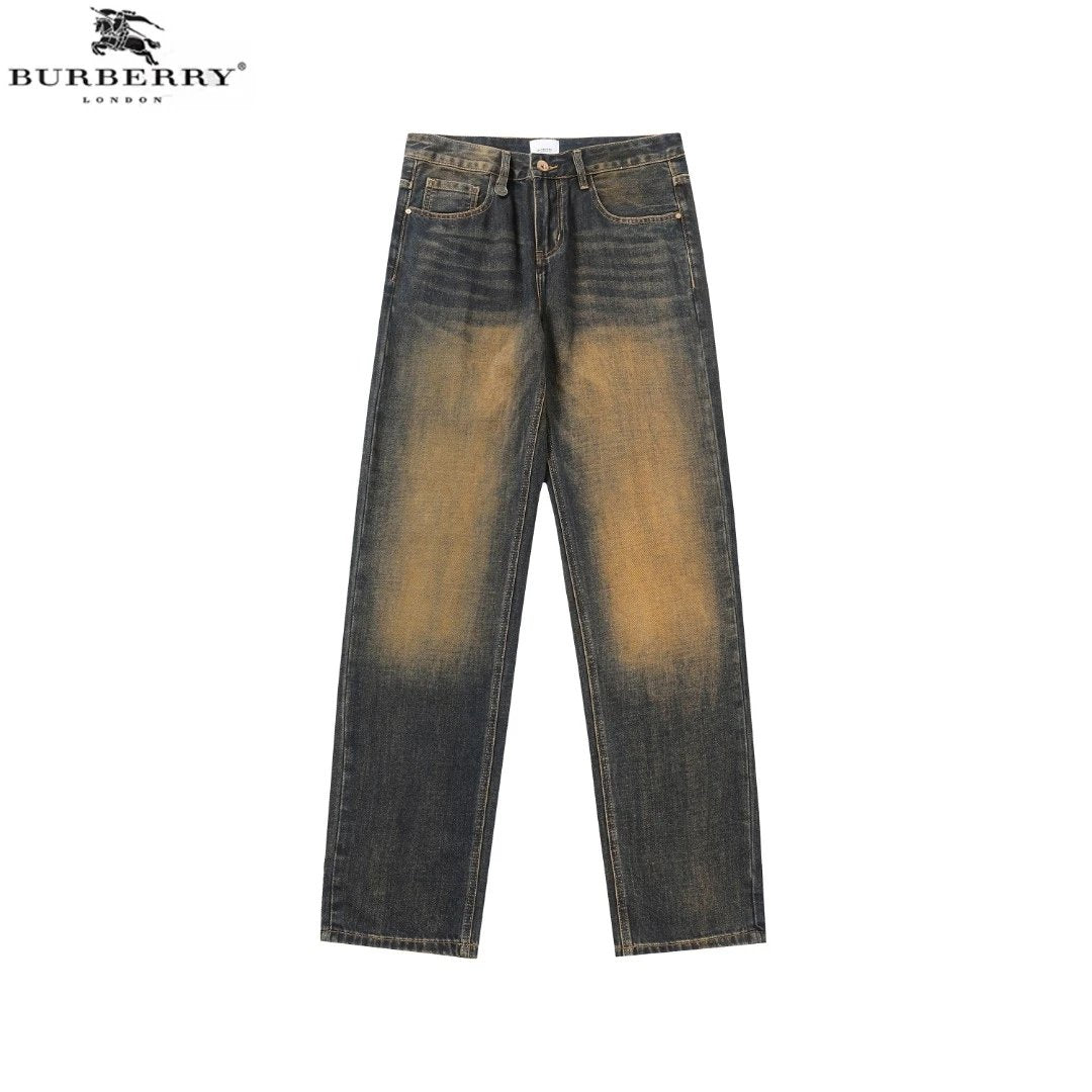 Burberry Jeans Nostalgic Style Back Waist Leather Label logo Straight Washed Blue Jeans Autumn Winter New Unisex Loose Casual Wide Leg High Waist Pants