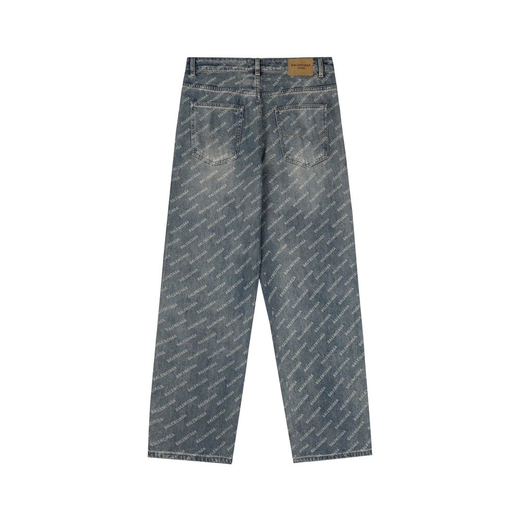Balenciaga Jeans Letter Print Full Print Jeans Casual Straight Pants High Waist Pants Unisex Long Pants24ss Autumn and Winter New Products