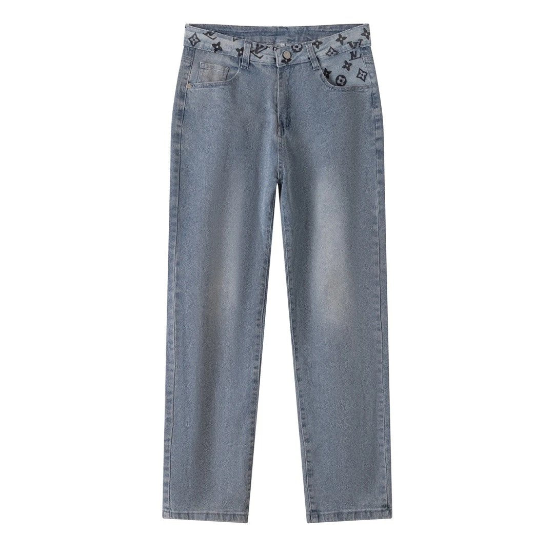 Louis Vuitton LV Jeans Letter Old Flower Print Pocket Straight Jeans Autumn Winter New Unisex Long Pants Loose Casual Wide Leg High Waist