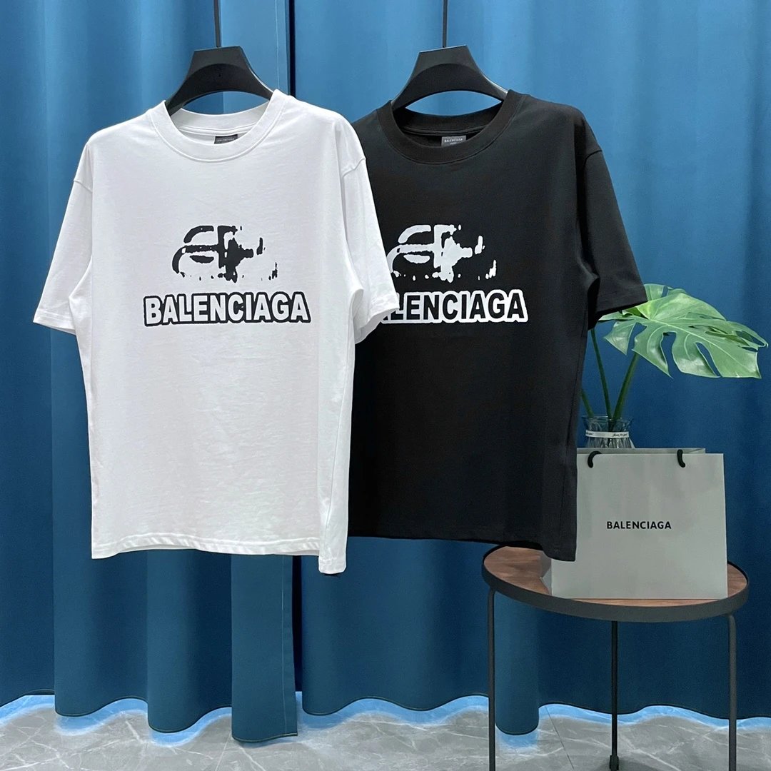 Balenciaga T-shirt Double-breasted B Printing logo round Neck Short Sleeve25ss New Pure Cotton Unisex Style T T-shirt OS Loose Fit Base Shirt Casual Top Short Sleeve T-Shirt