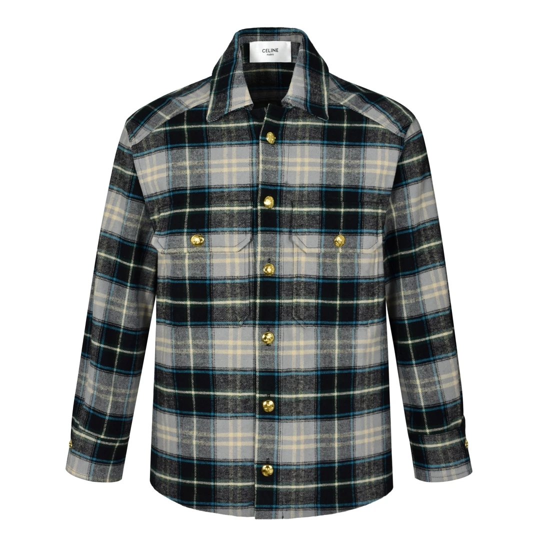 Celine Jackets 23FW Flannel Plaid Long Sleeve Shirt Men's and Women's Same Style All-Matching Business Casual Slim-Fitting Coat