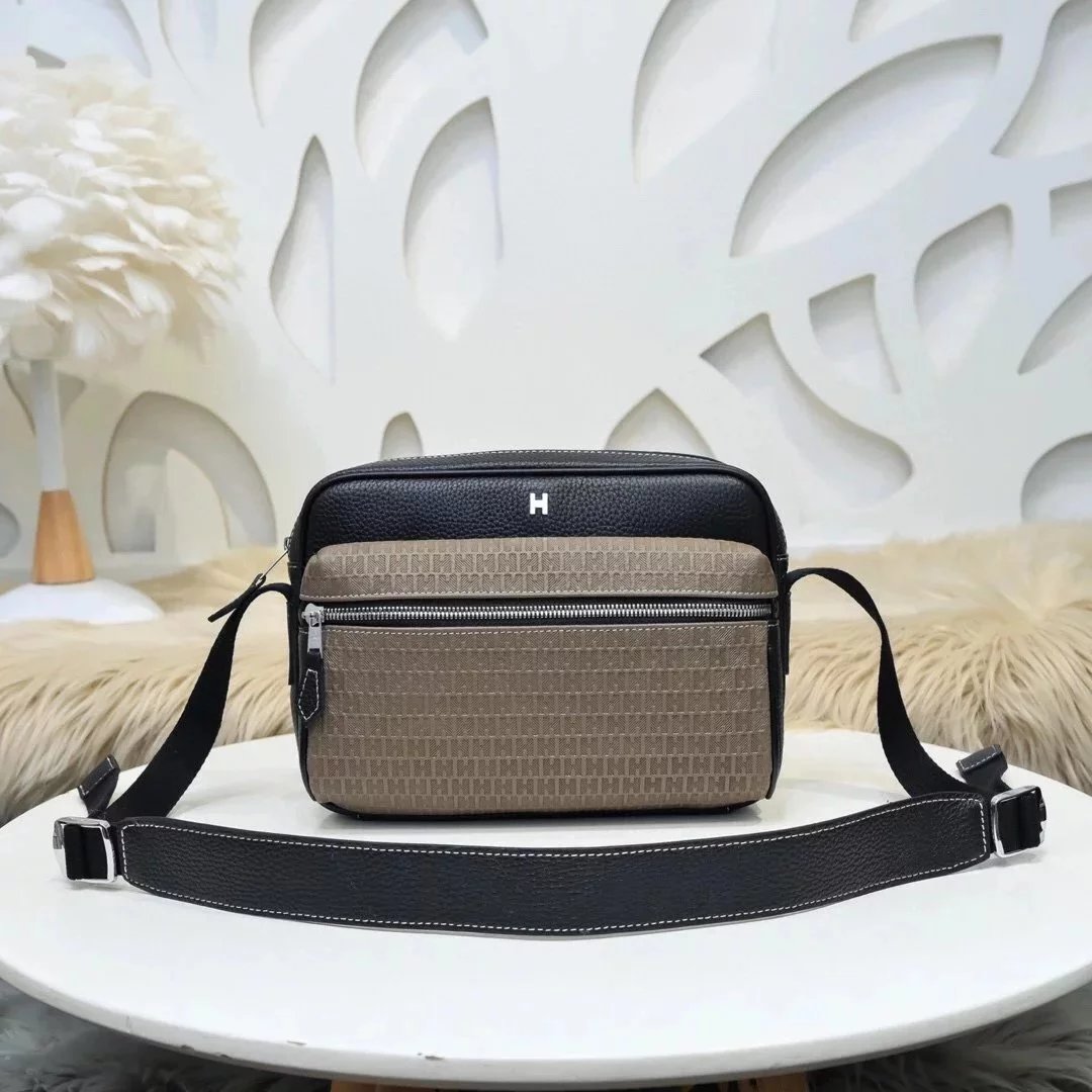 Hermes men's bag Top version Genuine Goods Grade New Classic Men's Fashion Crossbody Bag Men's Casual Shoulder Bag Men's Bag First Layer Cowhide Handbag Khaki Full Leather Black Canvas Handmade Big Bag