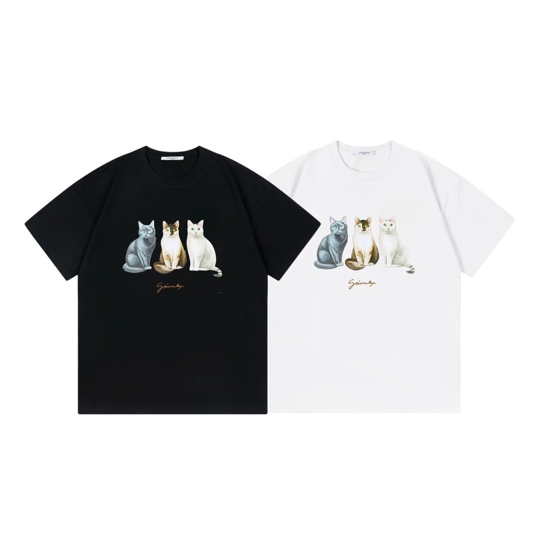 Givenchy T-shirt Three Cats Print on the Chest logo round Neck Short Sleeve25ss New pure cotton T Unisex T-Shirt OS Drop Shoulder Loose Fit Base Shirt Top T-Shirt Short Sleeve