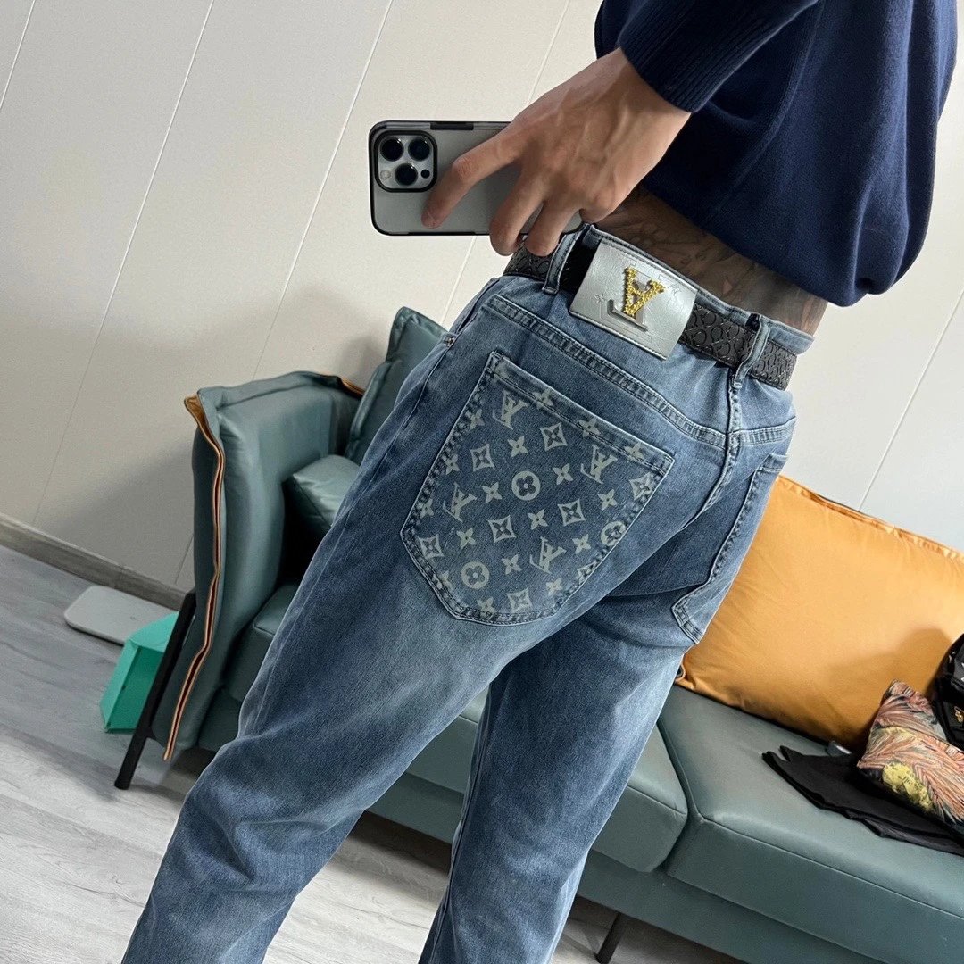 Louis Vuitton LV Jeans Back Pocket Old Flower logo Straight Washed Blue Jeans Autumn Winter New Unisex Loose Casual Wide Leg High Waist Pants