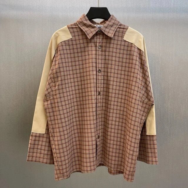 Acne Studios Shirt Top Version Organic Cotton Plaid Contrast Color Patch Stitching Sleeves Casual Loose Flannel Long Sleeve Shirt