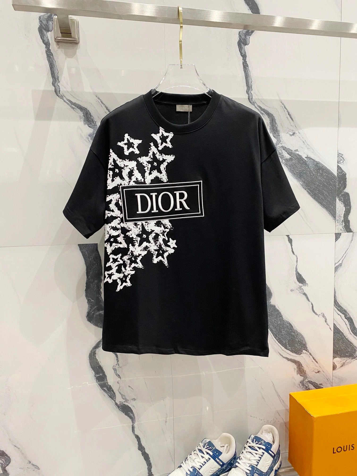Dior T-shirt Border Letters LOGO Embroidered Star Print Round Neck Short Sleeve Pure Cotton T Unisex T-Shirt OS Loose Fit Base Shirt Casual Simple T-Shirt