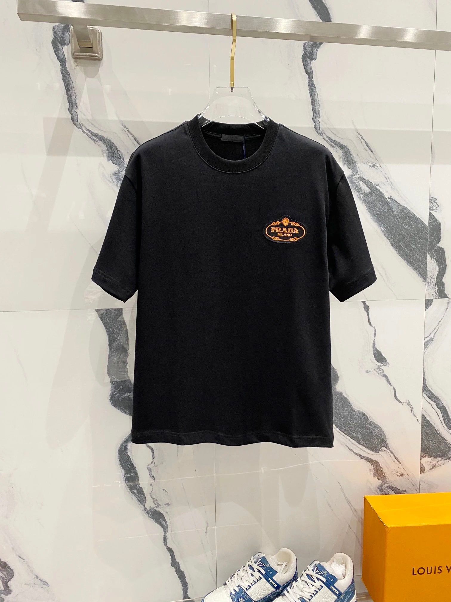 PRADA T-shirt Crown Embroidery Small Letters LOGO Logo Crew Neck Short Sleeve Pure Cotton Unisex T T-shirt OS Loose Fit Casual T-Shirt