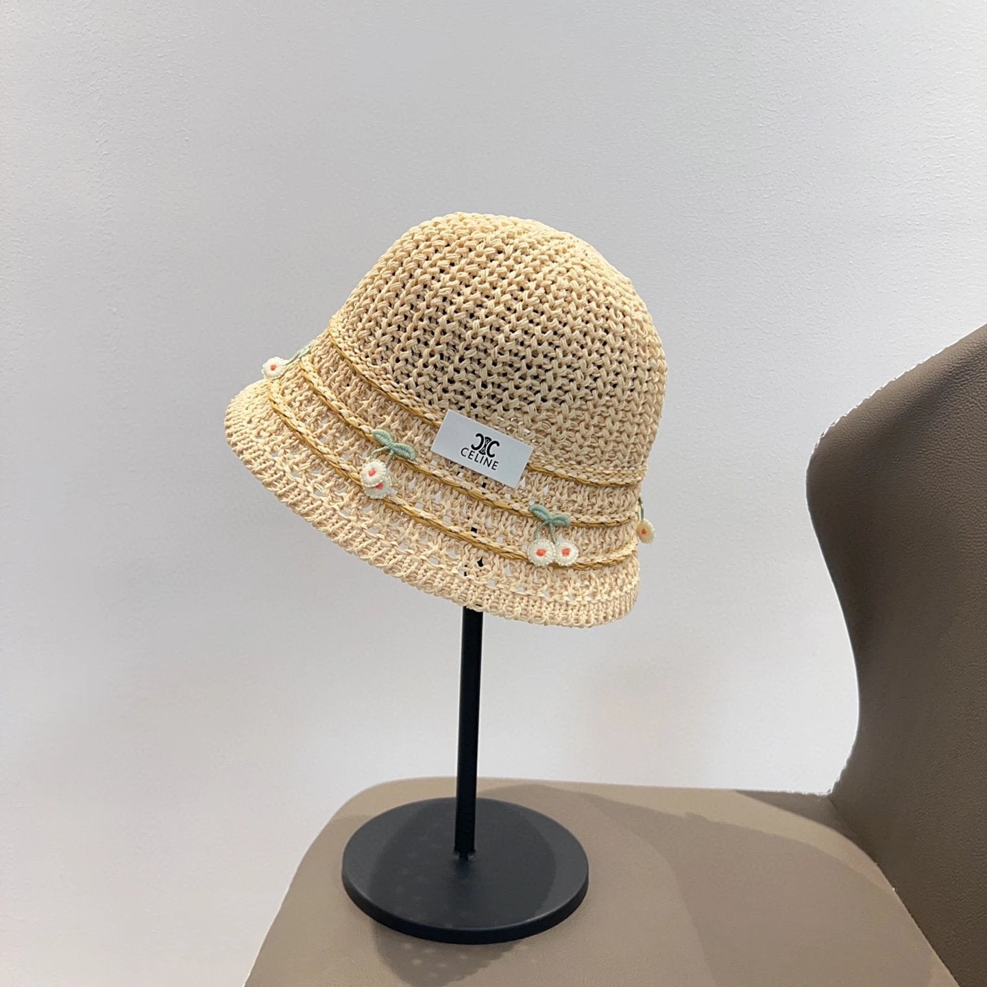 Celine Hat Cherry decoration logo Fisherman Hat Casual Sun Protection Outdoor Versatile UV Protection Plain Face Covering Sun Hat Flat Top Bucket Hat