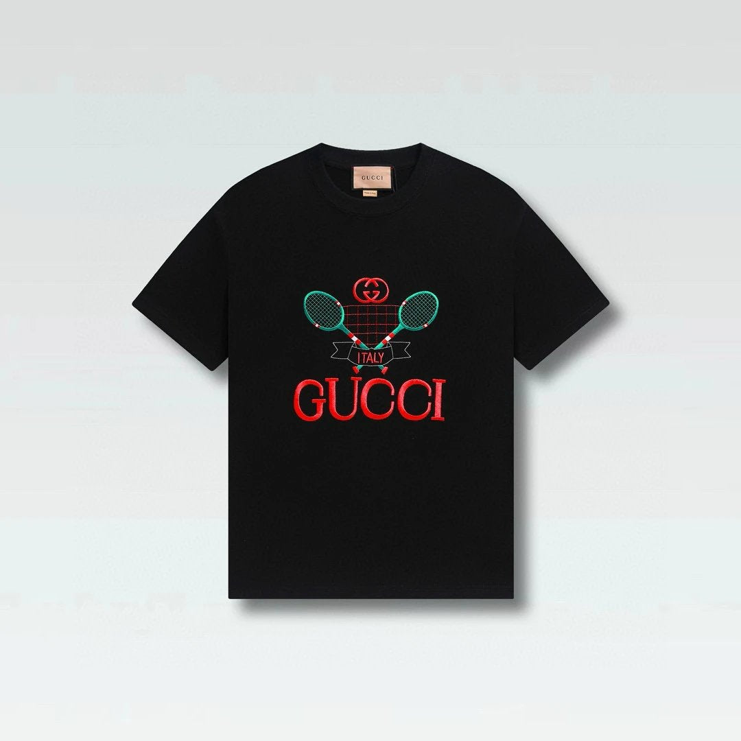 Gucci T-shirt Chest Badminton Racket Print logo round Neck Short Sleeve25ss New pure cotton T Unisex T-Shirt OS Drop Shoulder Loose Fit Base Shirt Top T-Shirt Short Sleeve