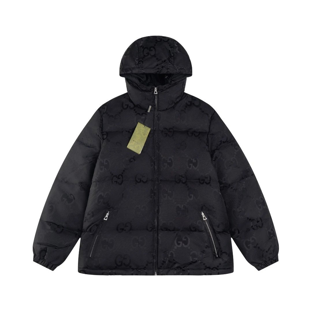 Gucci Down Jacket Full Jacquard Hooded Down Jacket Unisex Fluffy Hooded Long Sleeve Puffer Coat Winter Thickened Warm Outerwear Loose Versatile Fashion