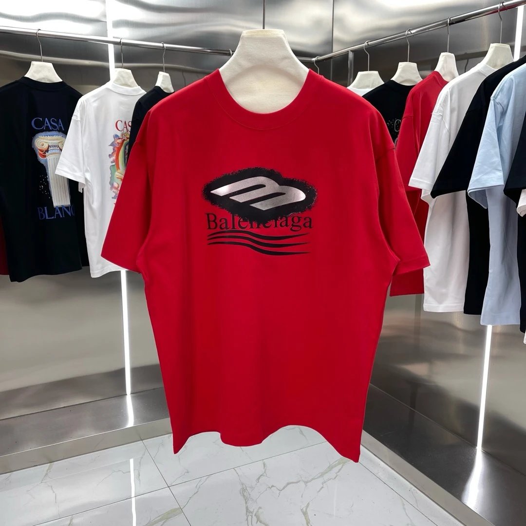 Balenciaga T-shirt Front Chest Print Spray Painting Logo Logo Crew Neck Short Sleeve25ss New Pure Cotton Unisex Style T T-shirt OS Loose Fit Base Shirt Top Half Sleeve T-Shirt