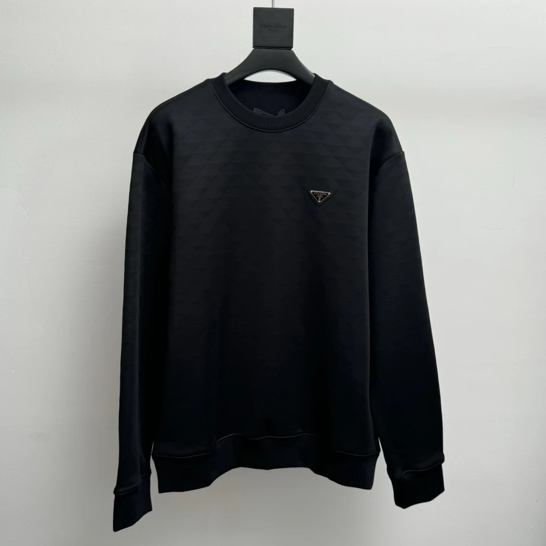 PRADA Hoodie Metal Triangle Mark Diamond-Shaped Dark Printed round Neck Sweater Casual Loose Pullover Sports Coat os Unisex Style24ss Autumn and Winter New Products