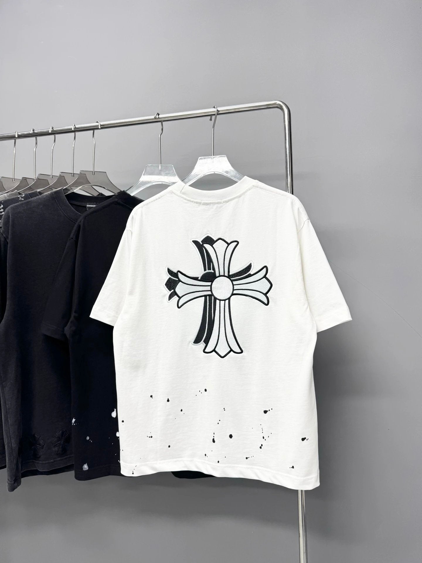Chrome Hearts T-shirt Heavy Embroidery with Ink Splash logo round Neck Short Sleeve25ss New pure cotton T Unisex T-Shirt OS Loose Fit Base Shirt Top Half Sleeve T-Shirt