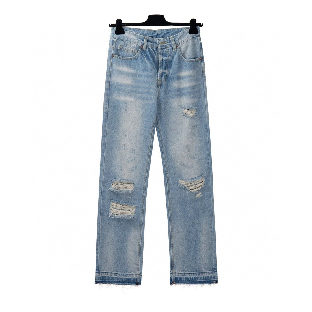 Celine Jeans Pre-cut holes in the front logo25ss Spring Summer New Straight Leg Jeans Unisex Slim Fit Long Pants Loose