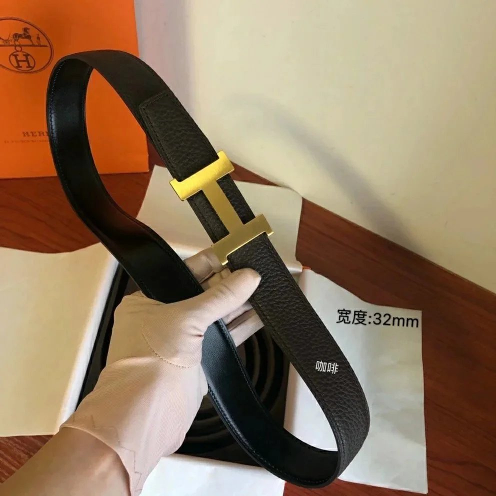 Hermes Belt Top version Men's Leather Belt Genuine Leather Casual Versatile Business Casual Belt Litchi Grain Cowhide Double-Sided Belt3.2cm