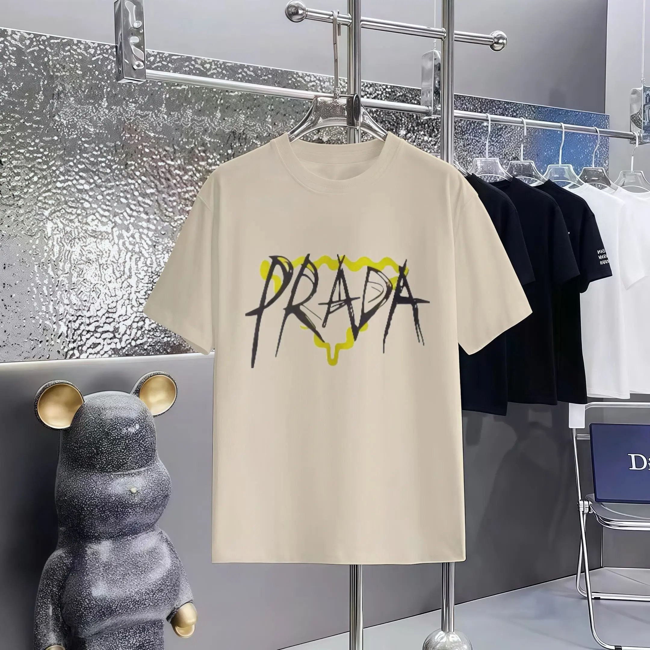 PRADA T-shirt Front Chest Wave Triangle Print logo round Neck Short Sleeve25ss New pure cotton T Unisex T-Shirt OS Drop Shoulder Loose Fit Base Shirt Top T-Shirt Short Sleeve