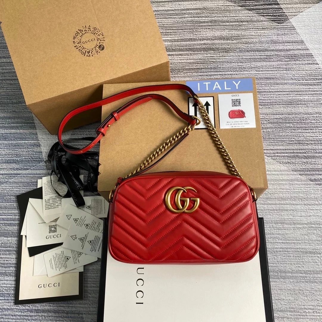 Gucci Women's Bag Top version 【 **Original Leather】Classic Ma Meng Camera Bag Marmont Series Camera Bag Crossbody Bag Large Small Size Size2023New Color Black Hardware Chain Shoulder Bag Large24cm Small Size18cm44763263493644806