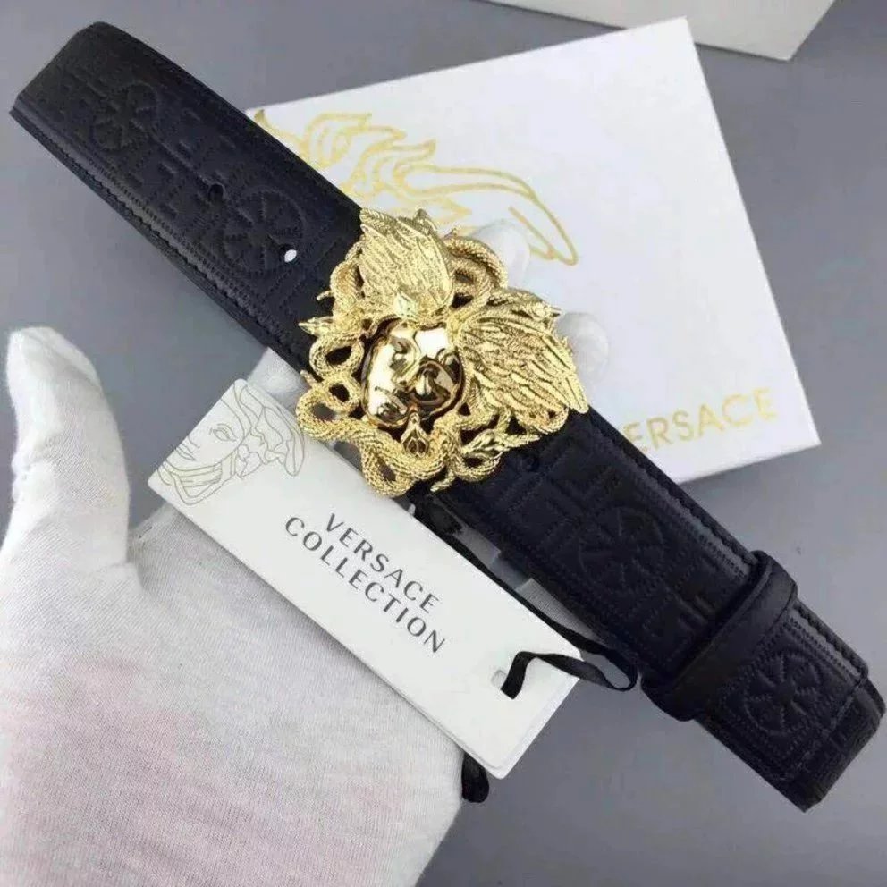 VERSACE Belt Top version Du Meisha Leather Belt Men's Smooth Buckle Cowhide Belt Hair Stylist Korean Style Casual Belt Trendy Men()Gift for Personal Use