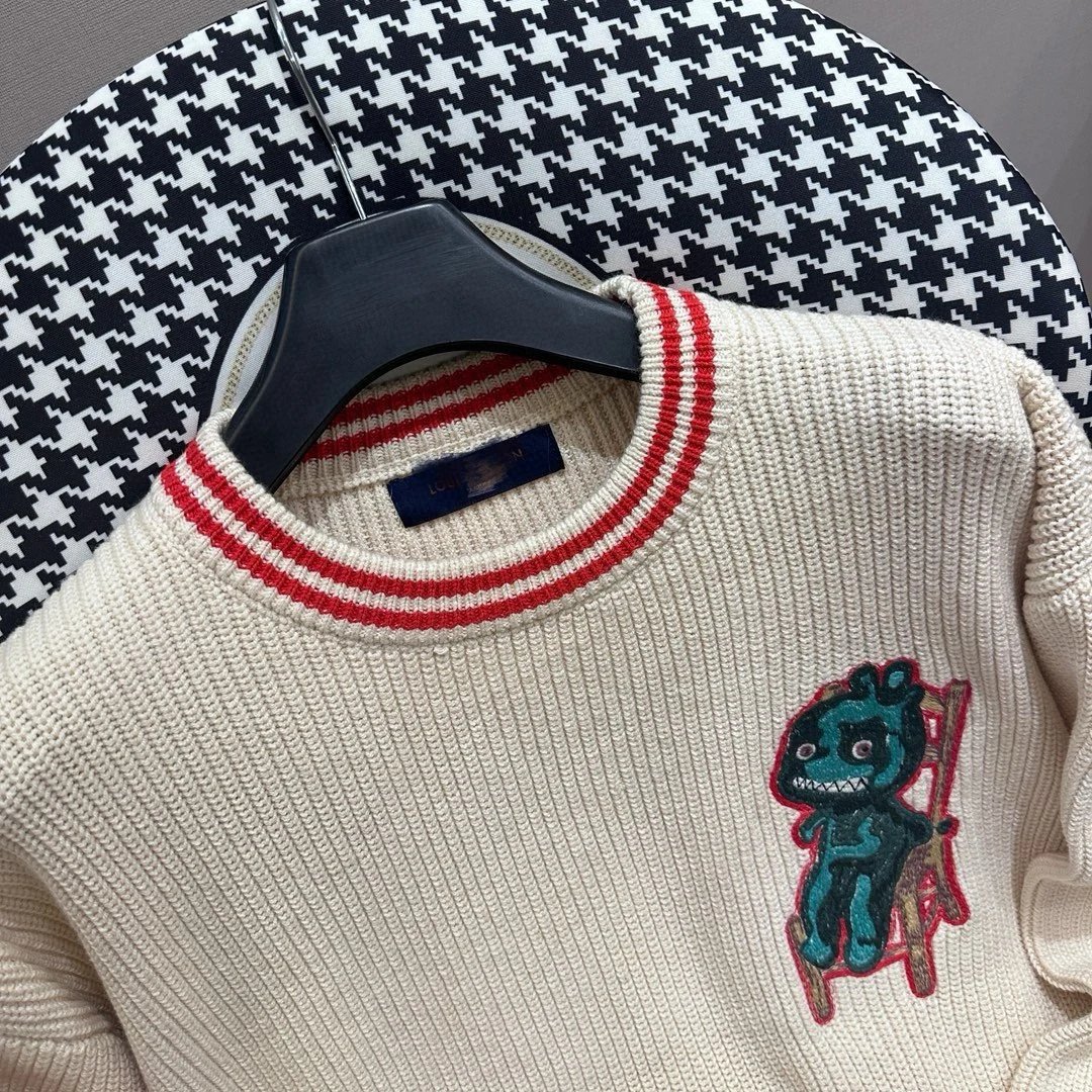Dior Sweater Little Dinosaur Pattern Knitted Crew Neck Beige Sweater Long Sleeve Pullover Thickened Lazy Style OS Loose Fit Jacket Unisex Same Style Inner Versatile Casual Top